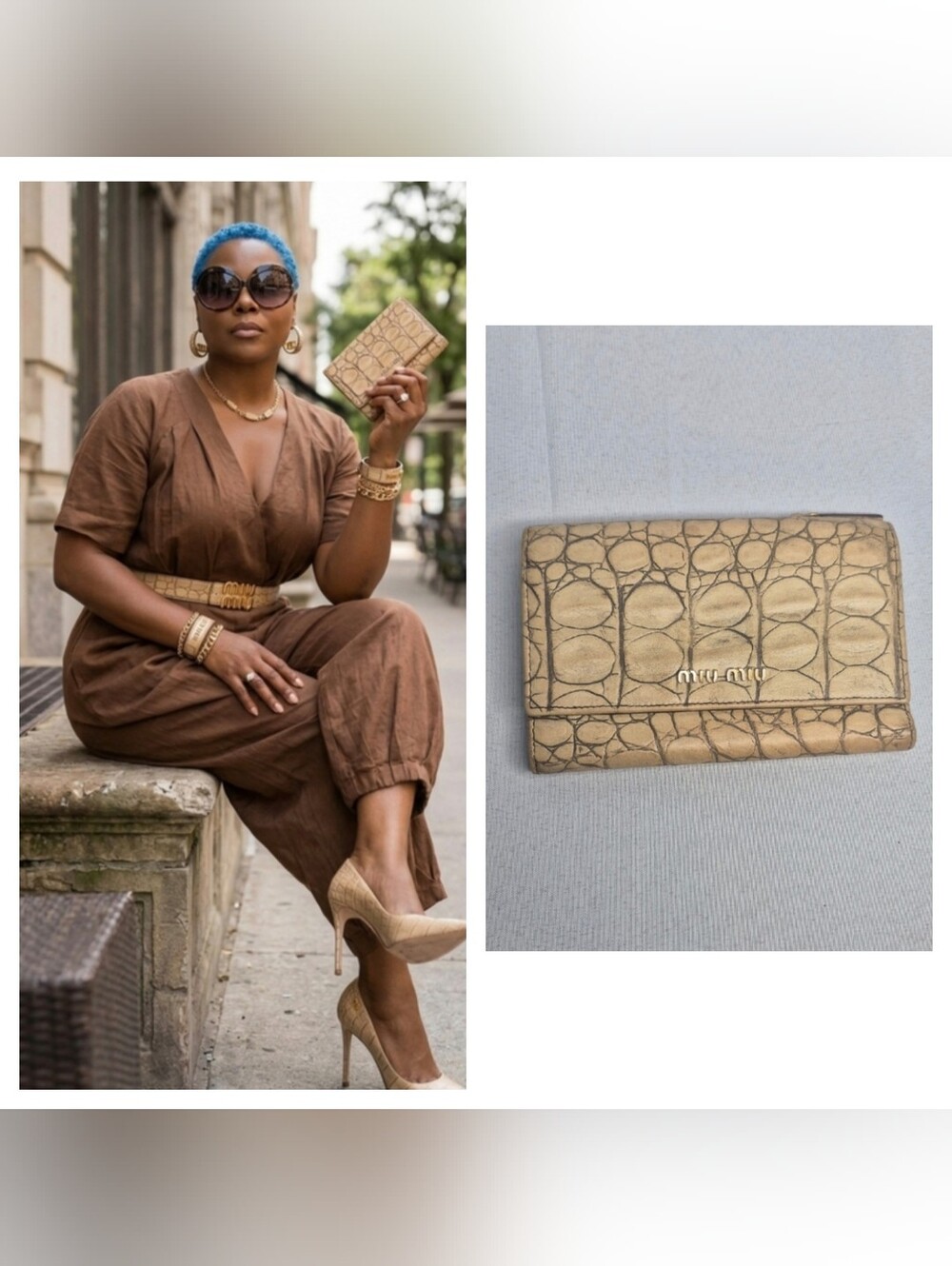 Miu Miu Tan Croc-Embossed Leather Wallet